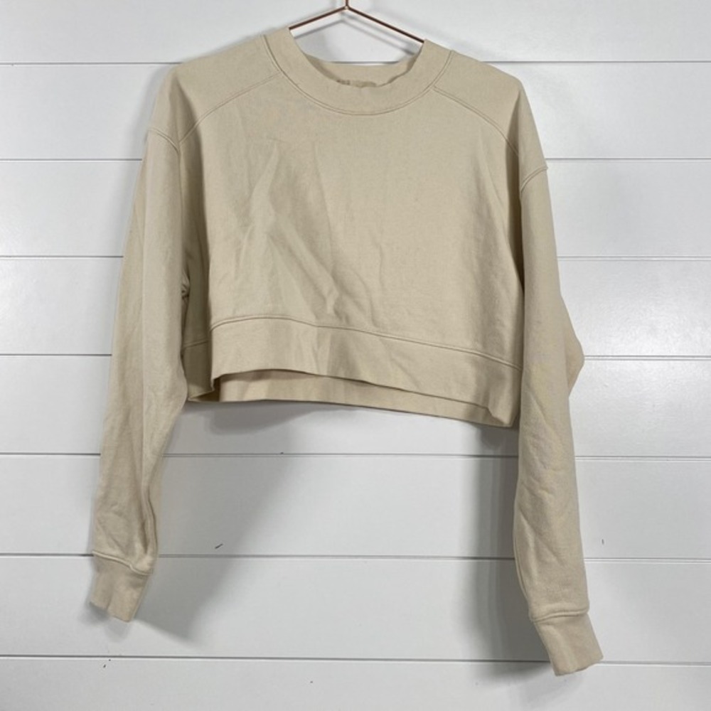 nuuds‎ Sweatshirt Womens XS Beige Tan Cropped Crewneck 100% Cotton Pullover Boxy
